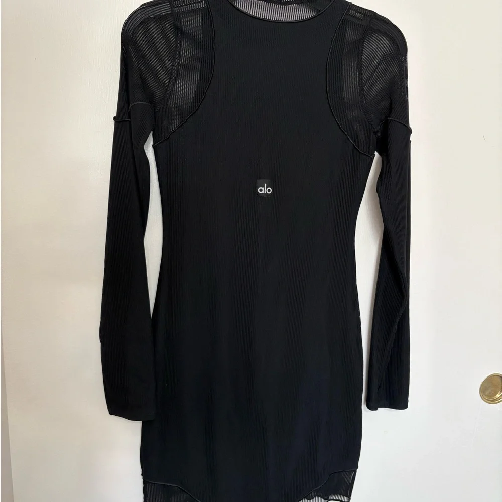 Alo Yoga Striped Mesh Synergy Long Sleeve Dress.